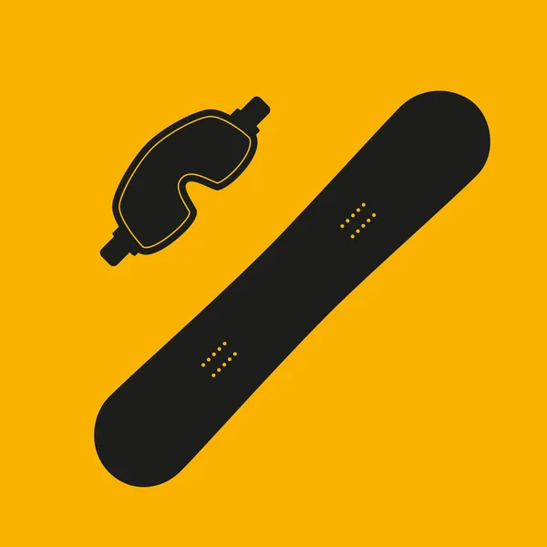 Snowboard noir et lunettes sur fond jaune . — Image vectorielle