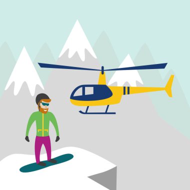 Helikopter, dağlar ve kar ile düz illüstrasyon Heliskiing