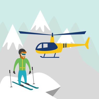 Heliskiing flat illustration with helicopter, mountains and skie clipart