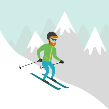 Ski resort illüstrasyon kayakçı ve dağ. 