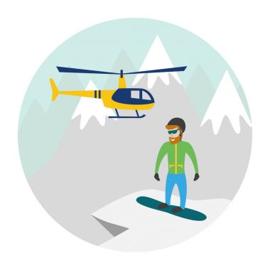 Helikopter, dağlar ve kar ile düz illüstrasyon Heliskiing