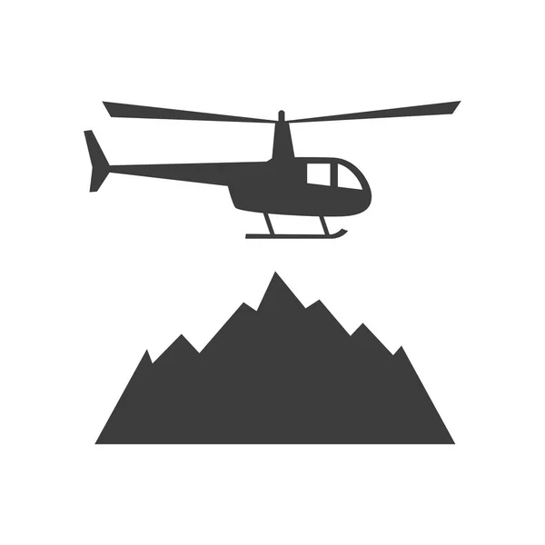 Ícone plano de Heliskiing com helicóptero e montanhas . — Vetor de Stock