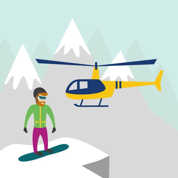 Heliskiing ilustração plana com helicóptero, montanhas e neve — Vetor de Stock