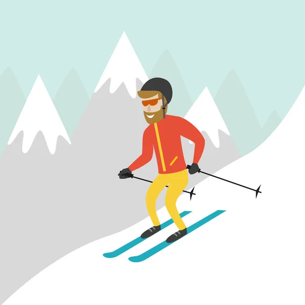 Ski resort illustration med skidåkare och berg. — Stock vektor