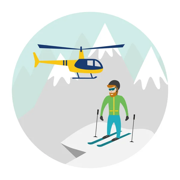 Heliskiing platt illustration med helikopter, berg och skie — Stock vektor