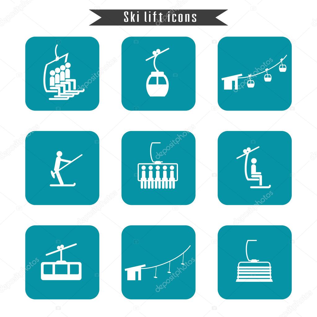 Set of ski cable lift icons for ski and winter sports. 