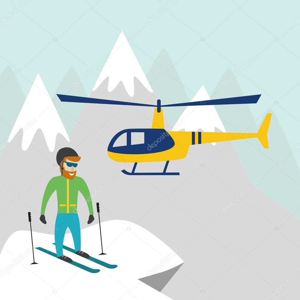Heli skiing. Heliskiing flat illustration with helicopter, mountains and skier. Vector illustration.