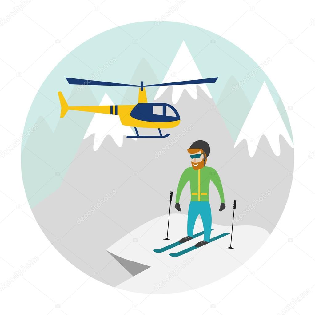 Heli skiing. Heliskiing flat illustration with helicopter, mountains and skier. Vector illustration.