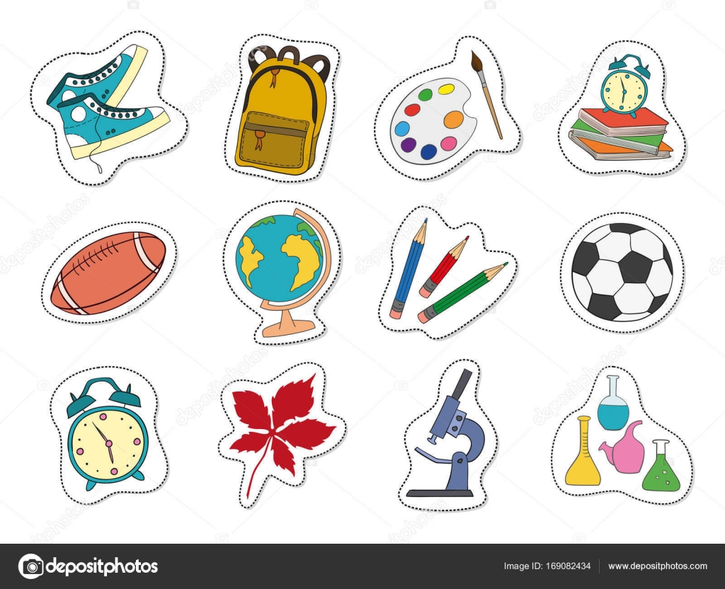cartoon stickers with school supplies on white background stock
