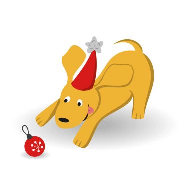 Beyaz arka plan üzerinde Noel ağacı oyuncakla karikatür köpek. 