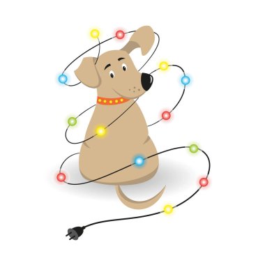 Beyaz arka plan üzerinde Noel çelenk ile karikatür köpek. 