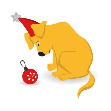 Beyaz arka plan üzerinde Noel ağacı oyuncakla karikatür köpek.