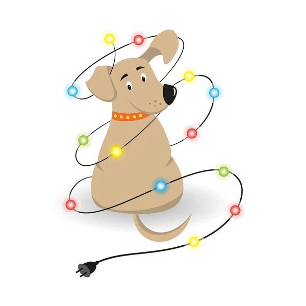 Kreskówka pies z Boże Narodzenie girlanda na białym tle. — Wektor stockowy