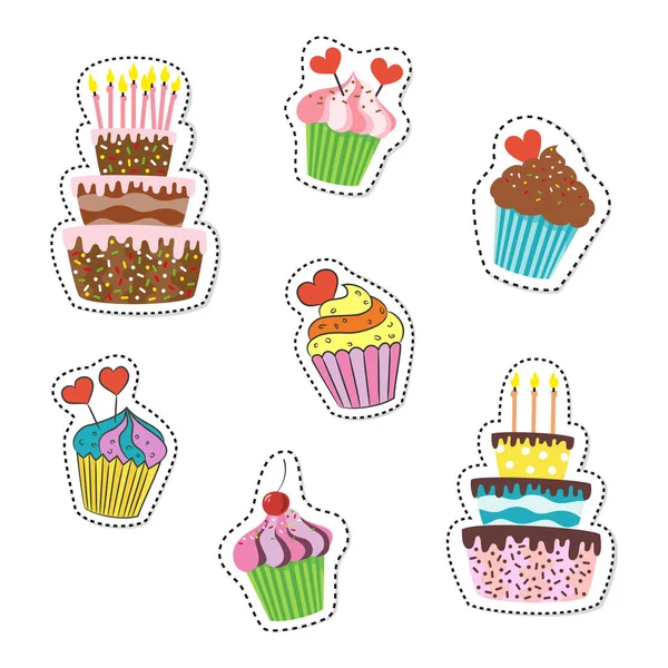 Cartoon-Sticker mit Cupcakes und Kuchen auf weißem Hintergrund. — Stockvektor