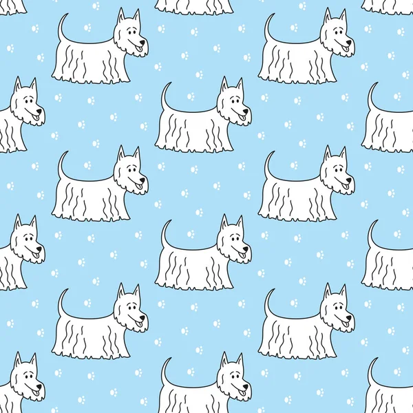 Seamless mönster med tecknade hundar på den blå bakgrunden. — Stock vektor