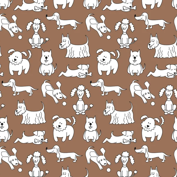 Seamless mönster med tecknade hundar på brun bakgrund. — Stock vektor