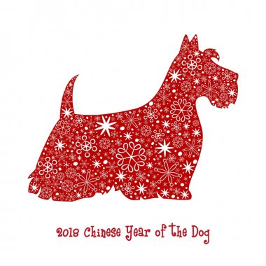 Kırmızı köpek siluet kar taneleri ile. 