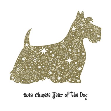 Kar taneleri ile altın köpek siluet. 