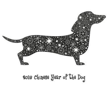 Siyah köpek siluet kar taneleri ile.