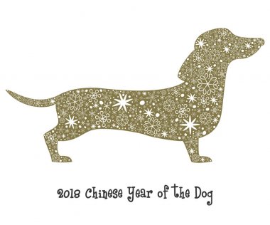 Kar taneleri ile altın köpek siluet. 