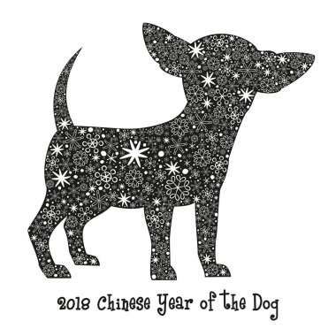 Siyah köpek siluet kar taneleri ile. 