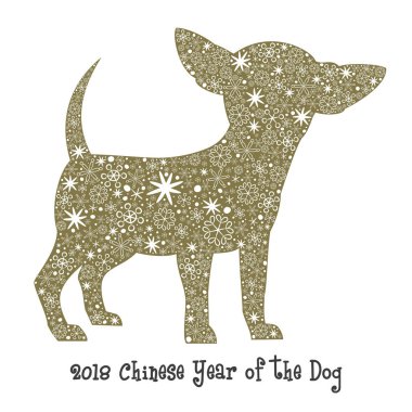 Kar taneleri ile altın köpek siluet.