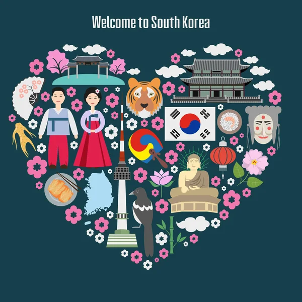 Buntes Plakat mit Symbolen Südkoreas. — Stockvektor