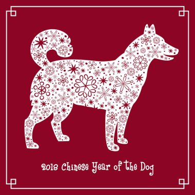 Kırmızı köpek siluet kar taneleri ile.