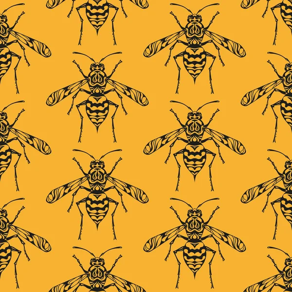 Patrón sin costuras con abejas en el fondo amarillo . — Vector de stock