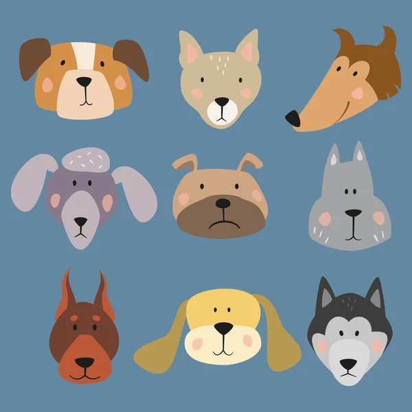 Reihe lustiger Cartoon-Hunde auf blauem Hintergrund. — Stockvektor