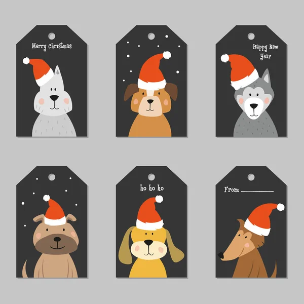 Set de etiquetas navideñas con perros de dibujos animados. Ilustración vectorial . — Vector de stock