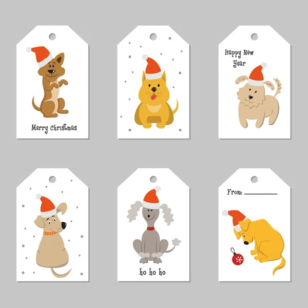 Set de etiquetas navideñas con perros de dibujos animados . — Vector de stock