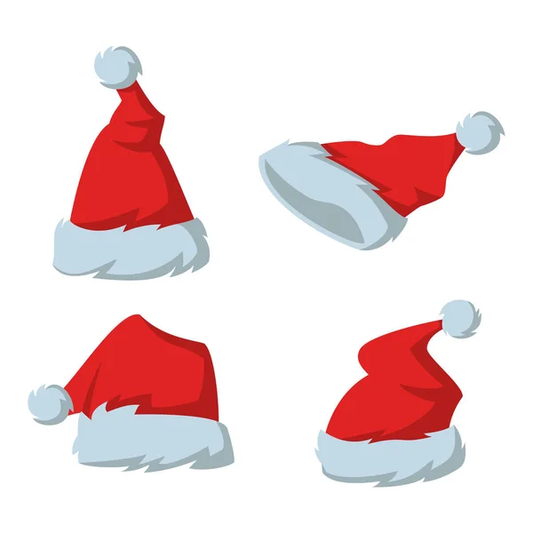 Ensemble de chapeaux rouges du Père Noël sur le fond blanc . — Image vectorielle
