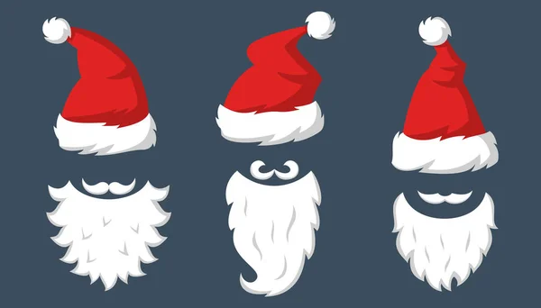 Набор красных шляп и бороды Санта-Клауса . — стоковый вектор