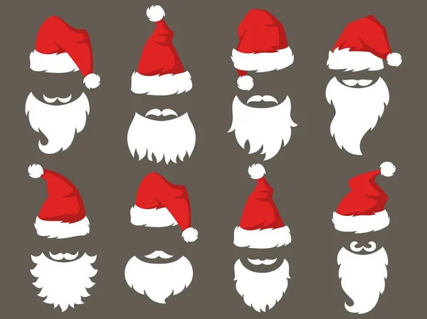 Ensemble de chapeaux rouges et barbes du Père Noël . — Image vectorielle