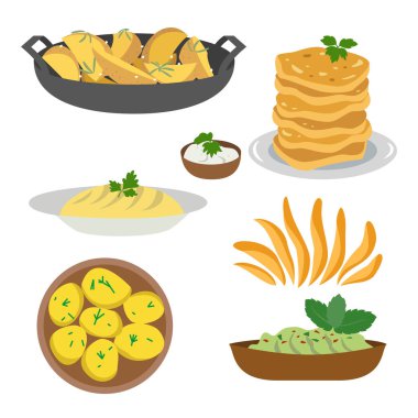 Beyaz arka plan üzerinde patates yemekleri Icon set. 