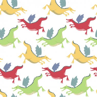 Beyaz zemin üzerine karikatür ejderha ile desen.