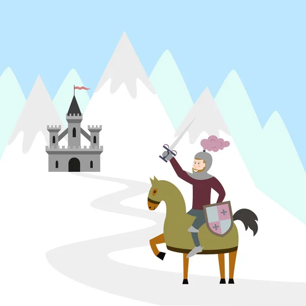 Cavaleiro dos desenhos animados a cavalo e castelo medieval na montanha de neve — Vetor de Stock