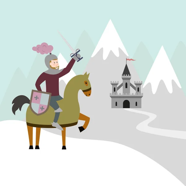 动画片骑士在骑马和中世纪城堡在雪山 — 图库矢量图片