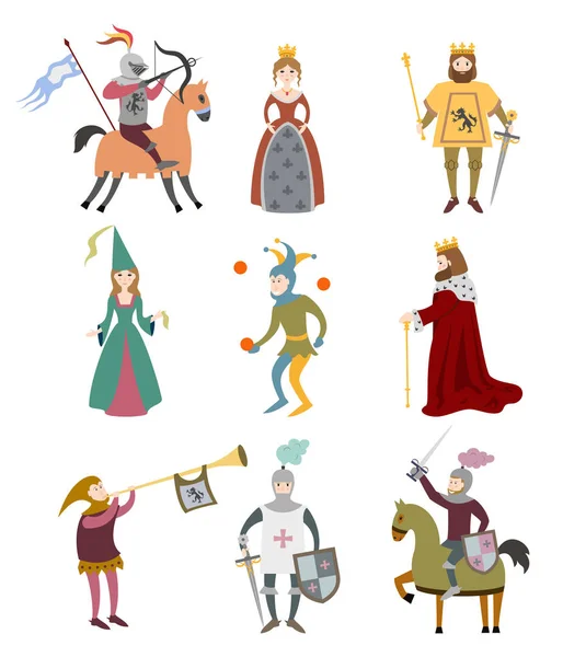 Set karakter abad pertengahan kartun pada latar belakang putih . - Stok Vektor