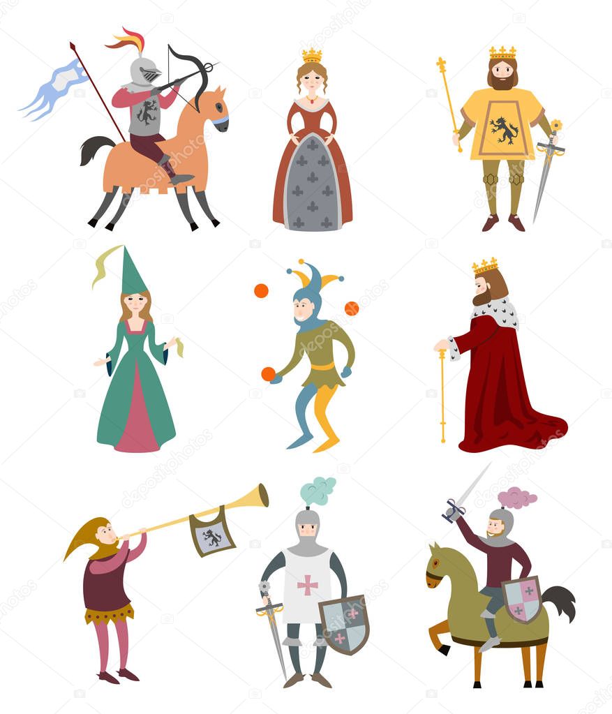 Set of cartoon medieval characters on white background.