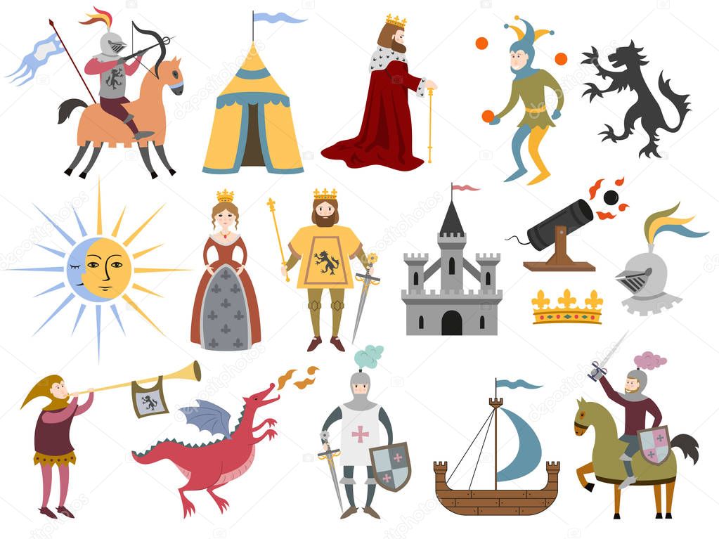 Big set of cartoon medieval characters and medieval attributes o
