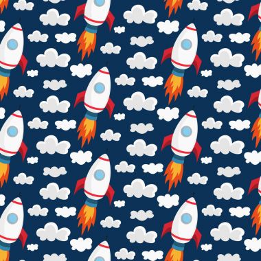 Mavi arka plan üzerinde alanı desenle roketler.