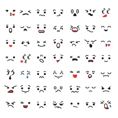 Karikatür kawaii yüzler, farklı duygular kümesi. 