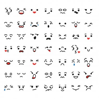 Karikatür kawaii yüzler, farklı duygular kümesi. 