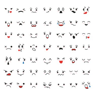 Karikatür kawaii yüzler, farklı duygular kümesi. 