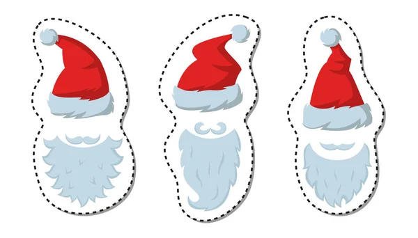 Autocollant de bande dessinée avec des chapeaux rouges et barbe du Père Noël sur le w — Image vectorielle