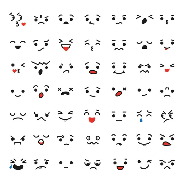 Uppsättning av tecknad kawaii ansikten, olika känslor. — Stock vektor