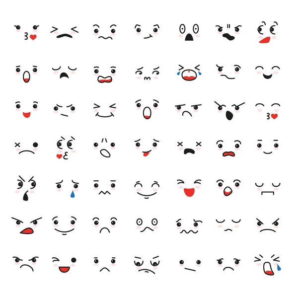 Set de fețe de desene animate kawaii, emoții diferite . — Vector de stoc