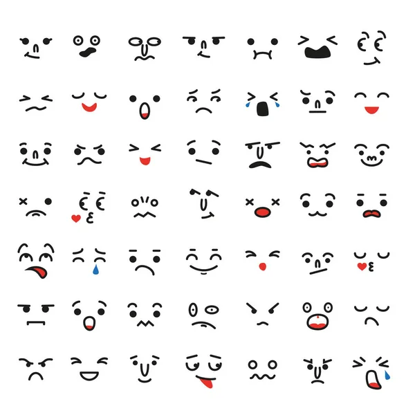 Conjunto de desenhos animados rostos kawaii, emoções diferentes . — Vetor de Stock
